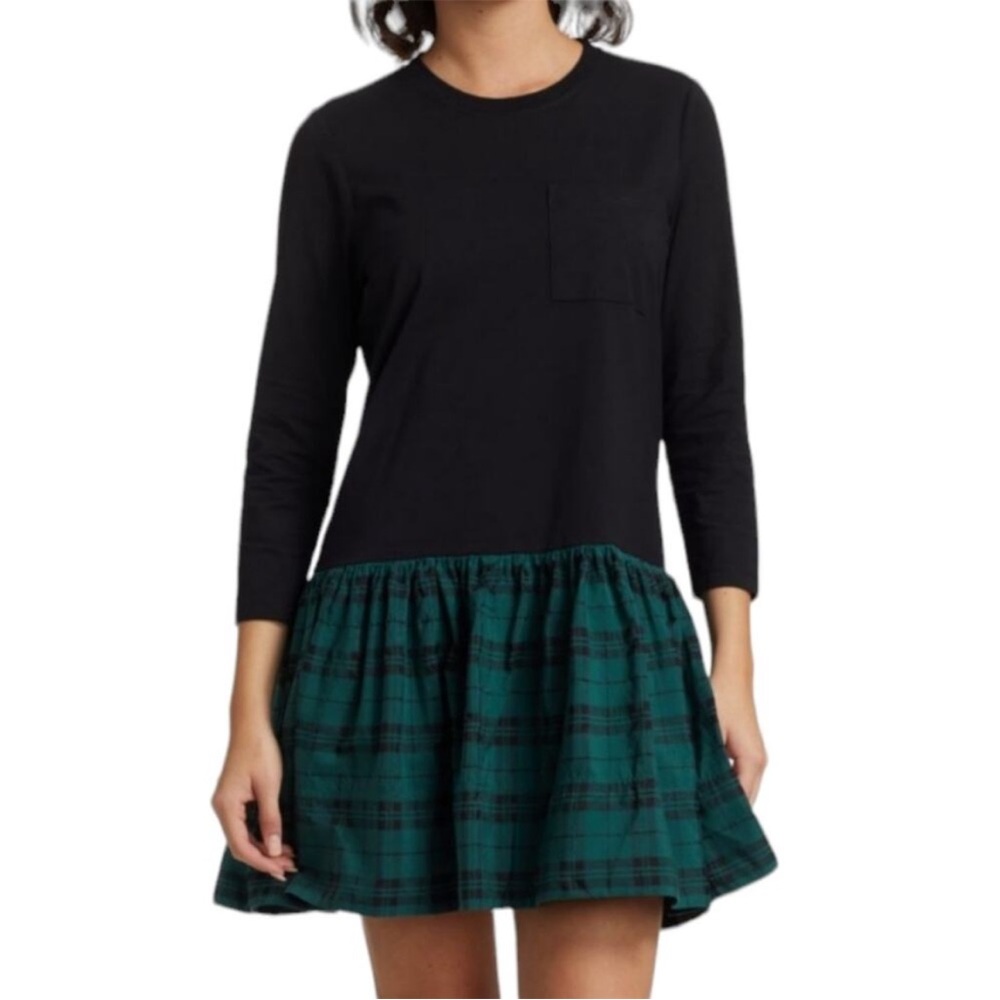 Tanya Taylor Black Green Plaid Hem Long Sleeve T-Shirt Katlyn Dress size large